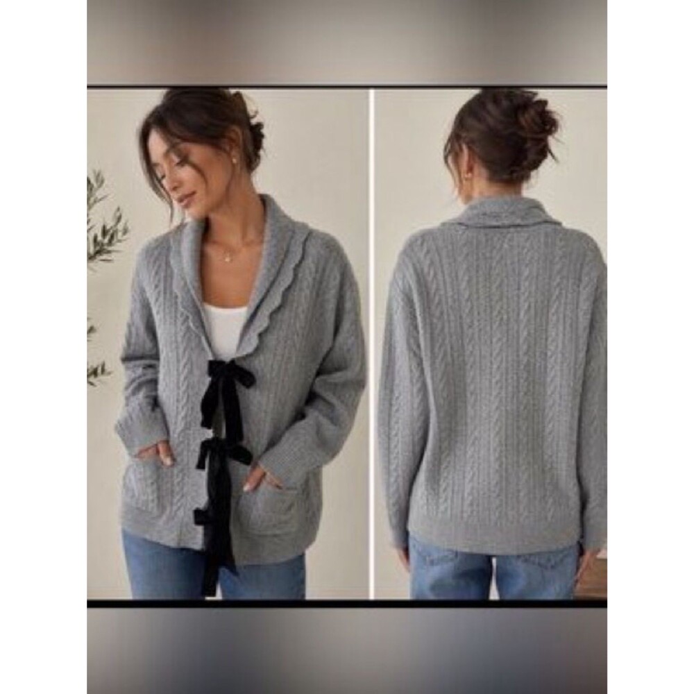 JOIE Wool Blend Oversized Cardigan Velvet Bow Detail NWT Size Large Cozy Luxe